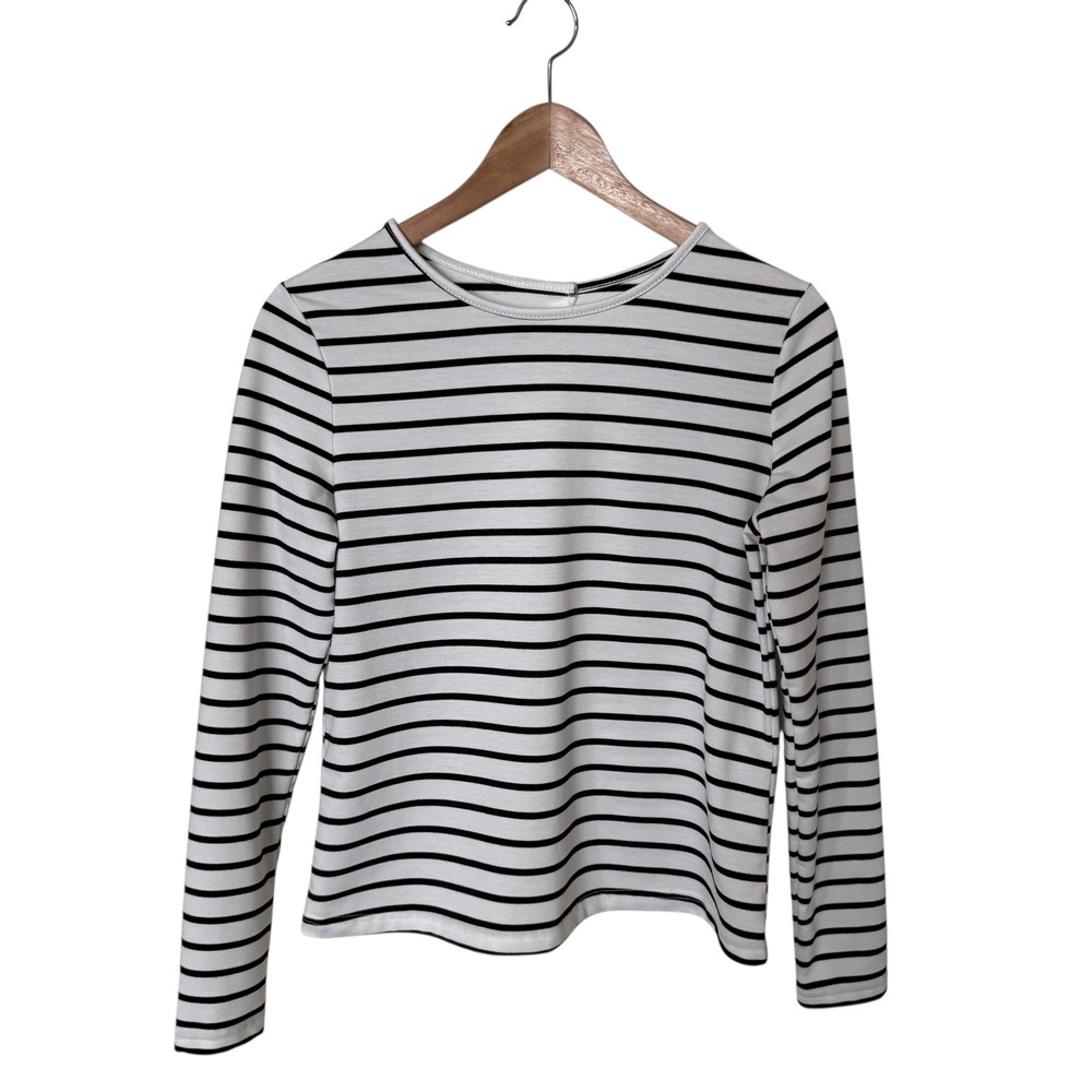 SHEIN Black White Stripe Long Sleeve Button Back Top Women's XS